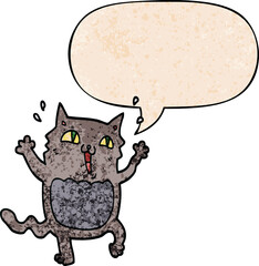 cartoon crazy excited cat and speech bubble in retro texture style