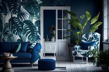 Hotel living room with classic tropical plant wallpaper, tropical interior design, generative ai, blue and white as the Color of the Year for both the living and internal spaces.