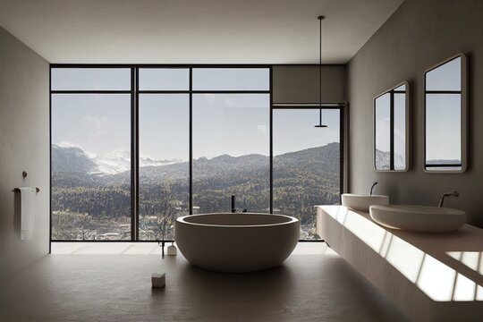 Modern Light Bathroom Interior With Two Washbasins And Panoramic Window. Generative AI