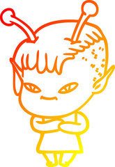 warm gradient line drawing cute cartoon alien girl