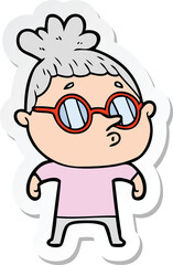 sticker of a cartoon woman wearing glasses