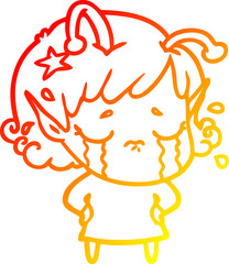 warm gradient line drawing cartoon crying alien girl
