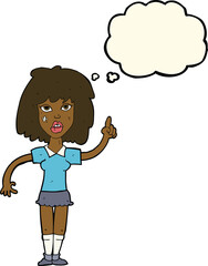 cartoon tough woman with idea with thought bubble