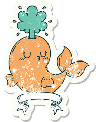 grunge sticker of tattoo style happy squirting whale character