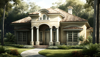 Fototapeta premium Florida real estate, beautiful house with garage, yellow, grey, brown