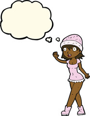 cartoon pretty girl in hat waving with thought bubble