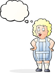 cartoon woman in kitchen apron with thought bubble