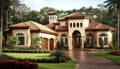 Florida real estate, beautiful house with garage, orange, grey, brown