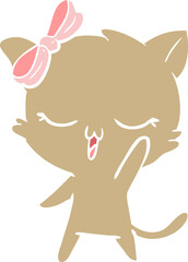 flat color style cartoon cat with bow on head waving