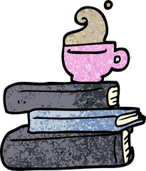 grunge textured illustration cartoon books and cup of coffee