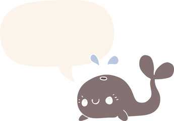 cute cartoon whale and speech bubble in retro style