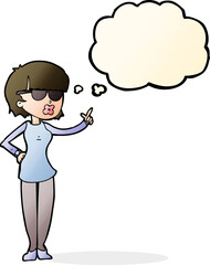 cartoon woman wearing spectacles with thought bubble