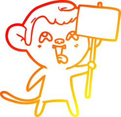 warm gradient line drawing crazy cartoon monkey with sign