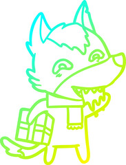 cold gradient line drawing cartoon hungry wolf holding christmas present