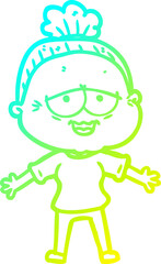 cold gradient line drawing cartoon happy old lady