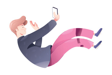 Young Teen Boy Using Smartphone as Mobile Device Floating in the Air Vector Illustration
