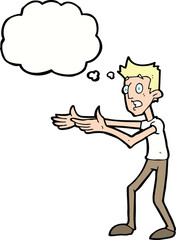 cartoon man desperately explaining with thought bubble