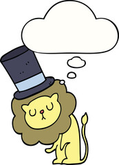 cute cartoon lion wearing top hat and thought bubble
