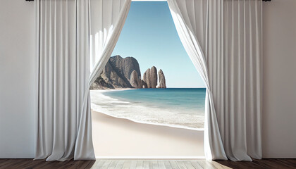 White curtains opening, revealing paradise beach. generative AI