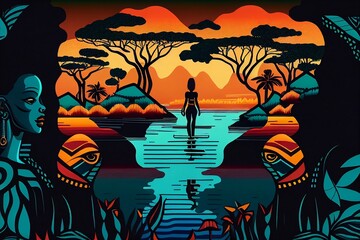 African culture on the river, Mountains, Art, Oranges, Yellows, Blues