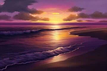Beach at Sunset, Dusk, Purple and Yellow, Ocean, Waves, Illustration