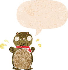 cartoon happy teddy bear and speech bubble in retro textured style