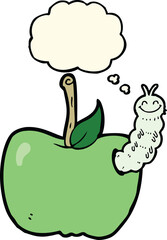 cartoon apple with bug with thought bubble
