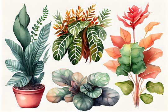 satz tropischer pflanzen in töpfen aquarellillustration, generative ai, eingetopfte zimmerpflanze, natürliche zimmerpflanzen, botanische flora für plakatdesign
