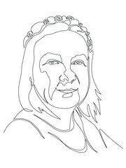 Woman portrait with a wreath on her head. Editable vector minimalistic black and white image made in continuous one-line art technique