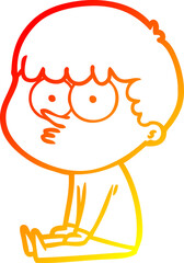 warm gradient line drawing cartoon boy sat waiting