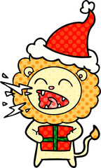 comic book style illustration of a roaring lion with gift wearing santa hat