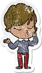 distressed sticker of a cartoon woman with eyes shut