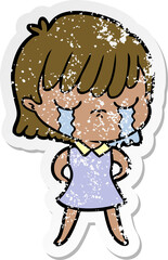 distressed sticker of a cartoon woman crying