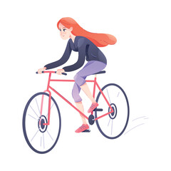 Redhead Woman Character Riding Bicycle Engaged in Sport Physical Activity Vector Illustration