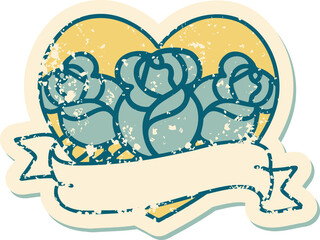 distressed sticker tattoo style icon of a heart and banner with flowers