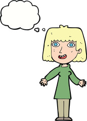 cartoon happy woman with thought bubble