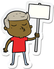 sticker of a cartoon model guy pouting with sign