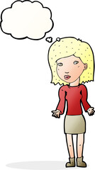 cartoon woman shrugging shoulders with thought bubble