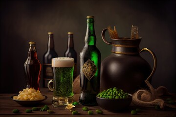 Saint Patrick’s day celebration composition. Beer, green clover and snacks for st Patrick’s holiday dinner. 