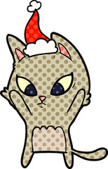 confused comic book style illustration of a cat wearing santa hat