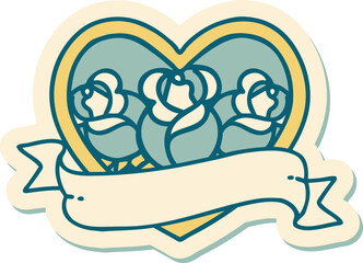 tattoo style sticker of a heart and banner with flowers