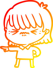 warm gradient line drawing annoyed cartoon girl making accusation