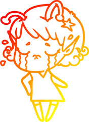 warm gradient line drawing cartoon crying alien girl