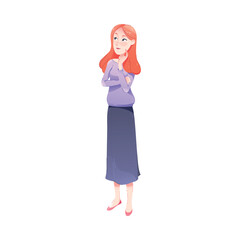 Pensive Redhead Woman Character Thinking and Considering Something Vector Illustration