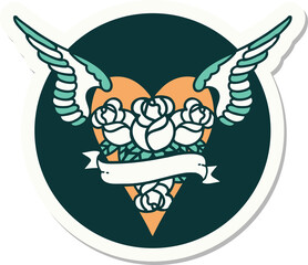 tattoo style sticker of a flying heart with flowers and banner