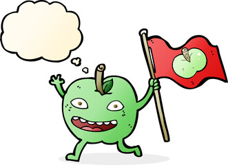 cartoon apple with flag with thought bubble