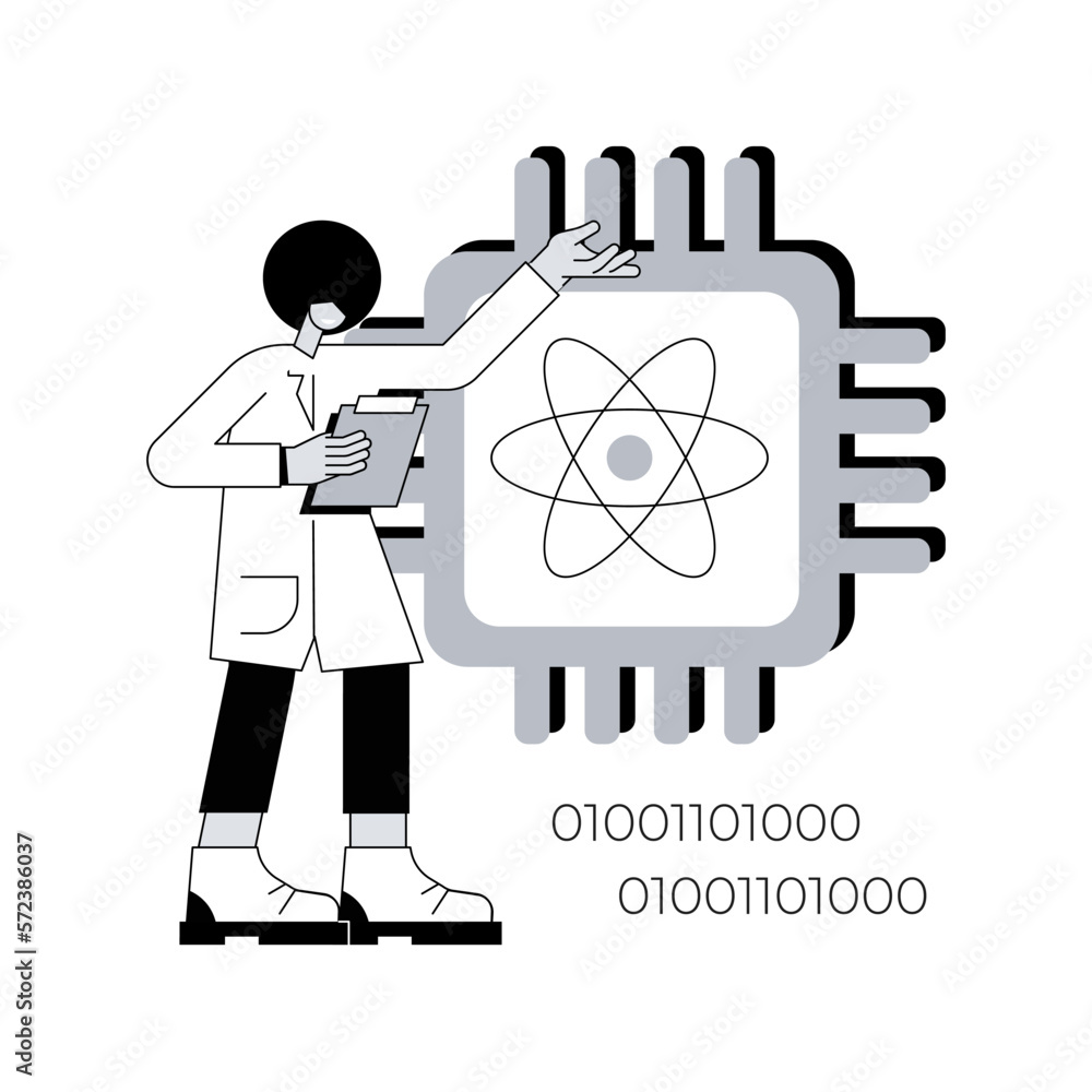 Poster optical technology abstract concept vector illustration. photonics research, quantum computing, data