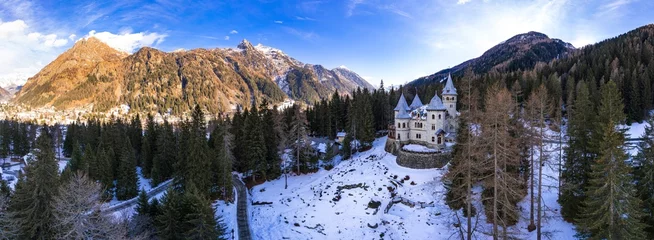 Foto op Canvas amazing fairytale medieval castle Savoia in Valle d'Aosta north of Italy. aerial drone view panorama © Freesurf