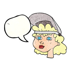 speech bubble textured cartoon woman with welding mask