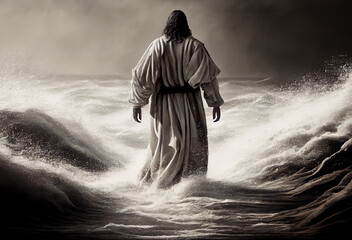 Obraz premium Jesus Christ walking on water on the sea of Galilee. Generative Ai..